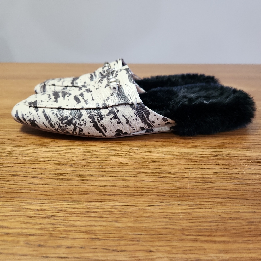 ZAC Zac Posen Savanna Leather Mules Faux Fur Lined Black and Cream